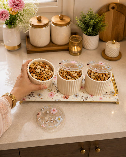 Eternia 3 Premium Airtight Dry Fruit Jar Set of 3 with Luxury Floral Serving Tray | Fluted Kitchen Storage Containers with Gold Handles for Snacks, Namkeen & Center Table Decor
