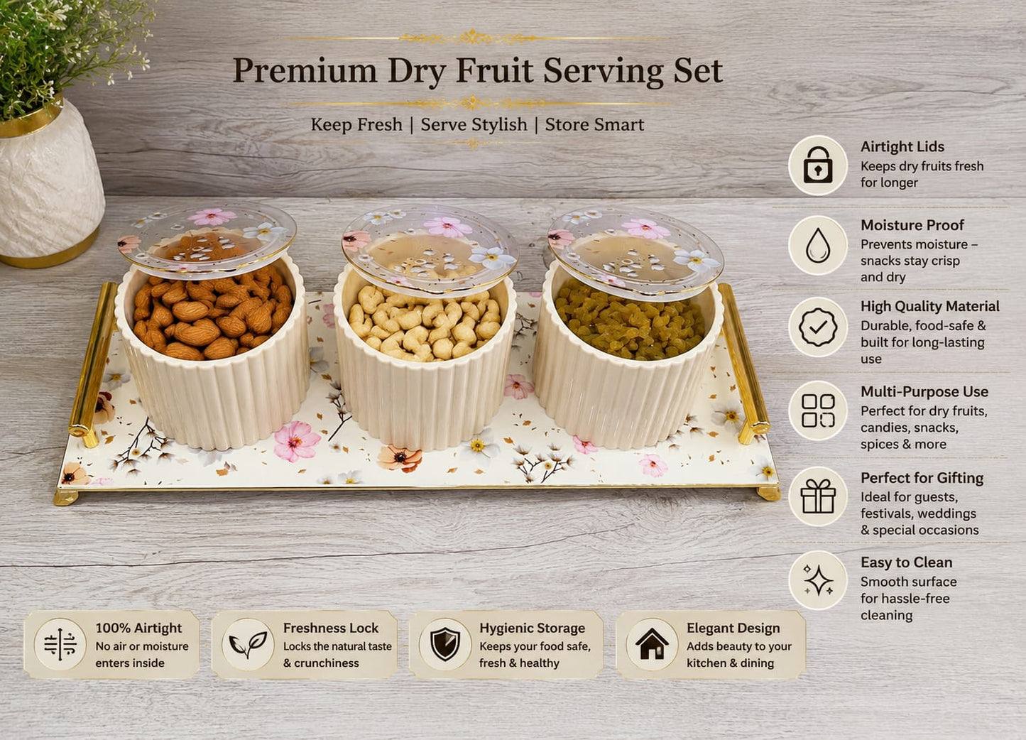 Eternia 3 Premium Airtight Dry Fruit Jar Set of 3 with Luxury Floral Serving Tray | Fluted Kitchen Storage Containers with Gold Handles for Snacks, Namkeen & Center Table Decor