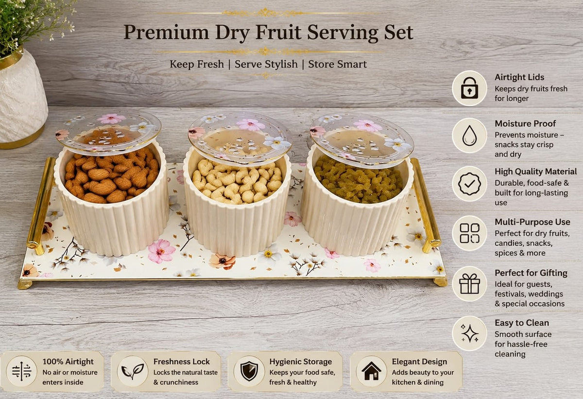 Nayasa Eternia 3 Dry Fruit Container Set with Floral Lids & Serving Tray, Set of 3