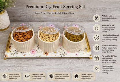 Nayasa Eternia 3 Dry Fruit Container Set with Floral Lids & Serving Tray, Set of 3