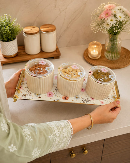 Eternia 3 Premium Airtight Dry Fruit Jar Set of 3 with Luxury Floral Serving Tray | Fluted Kitchen Storage Containers with Gold Handles for Snacks, Namkeen & Center Table Decor