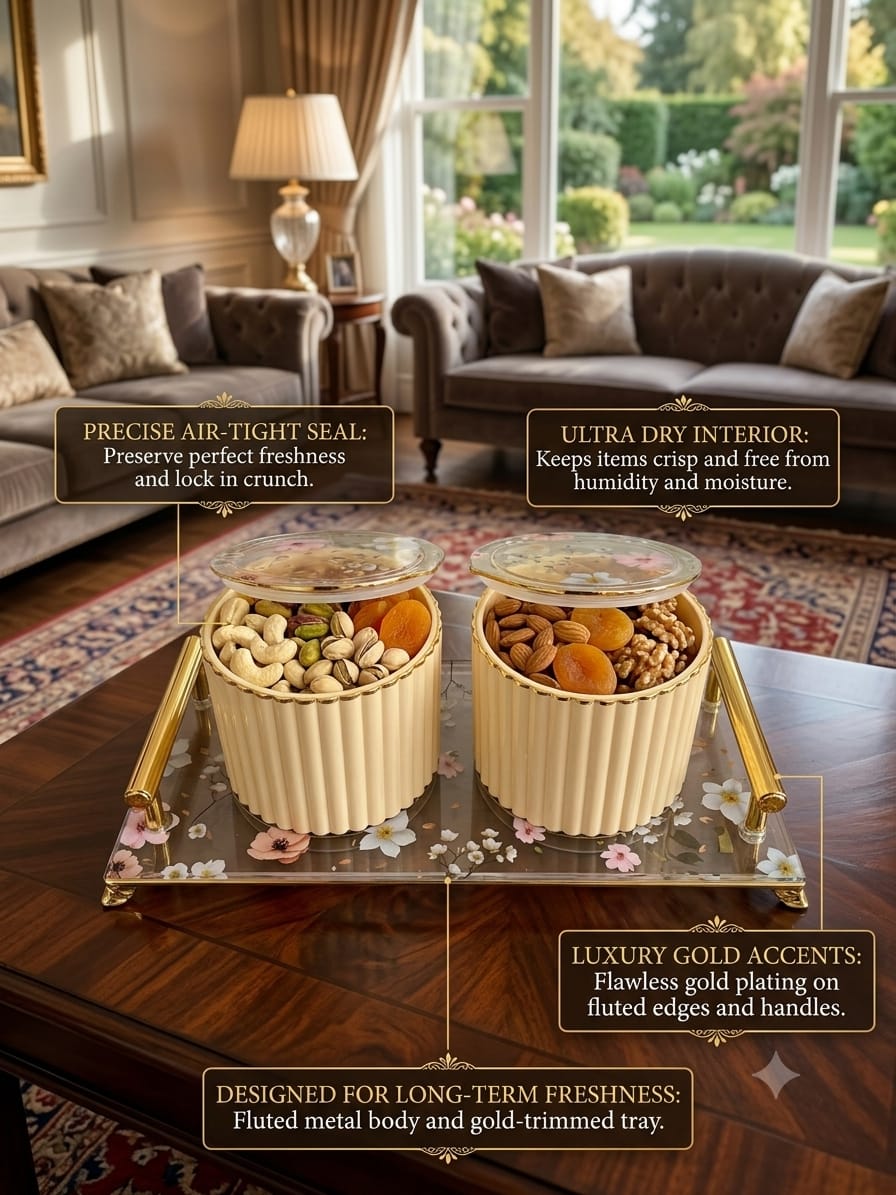Eternia 2 Luxury Airtight Dry Fruit Jar Set of 2 with Premium Floral Acrylic Serving Tray | Fluted Metal Kitchen Storage Containers with Gold Accents for Snacks, Cookies & Dining Decor