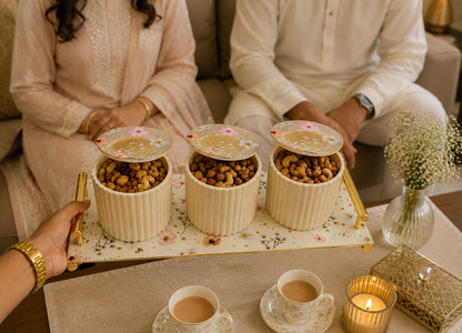 Eternia 3 Premium Airtight Dry Fruit Jar Set of 3 with Luxury Floral Serving Tray | Fluted Kitchen Storage Containers with Gold Handles for Snacks, Namkeen & Center Table Decor