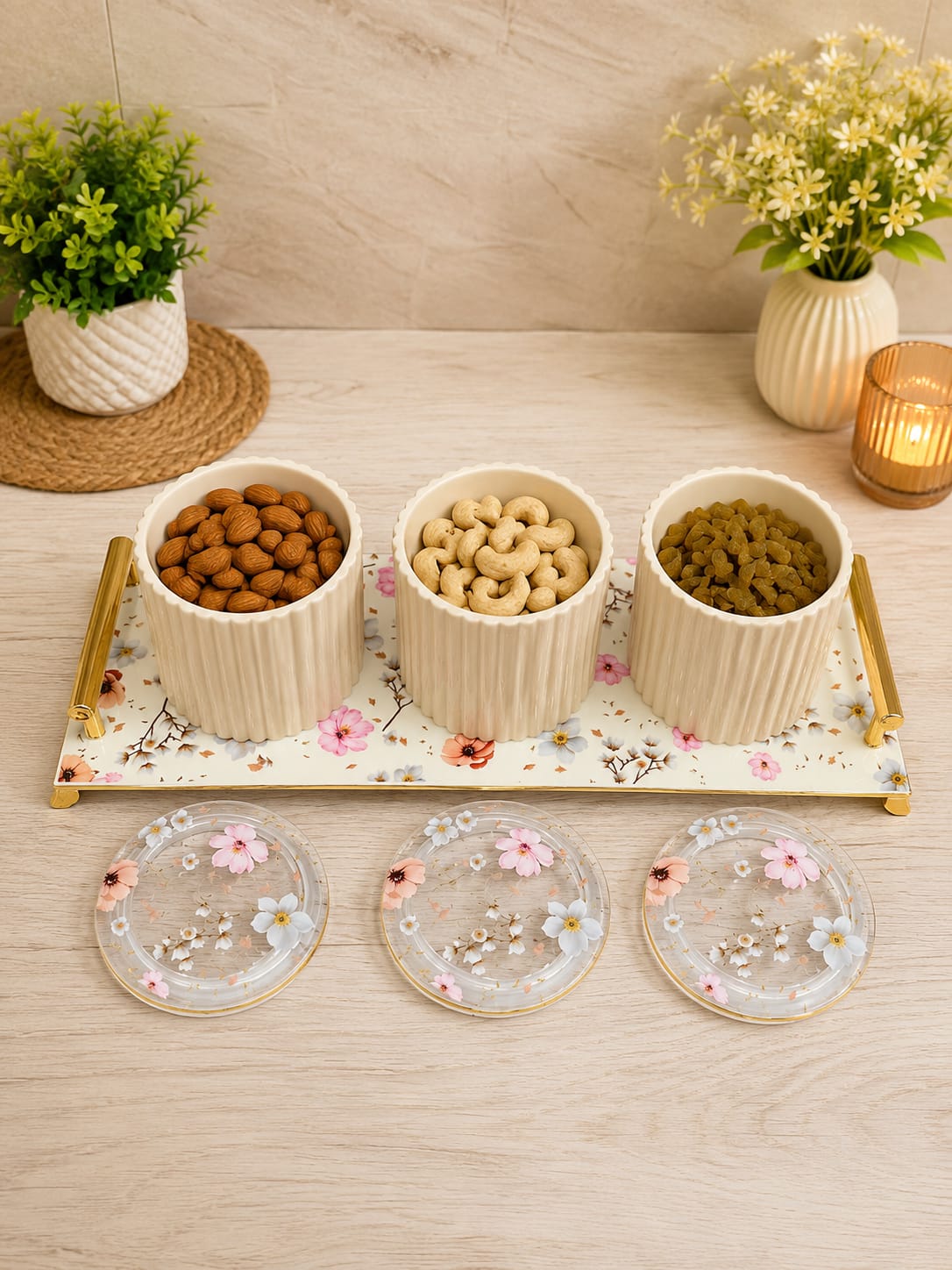 Eternia 3 Premium Airtight Dry Fruit Jar Set of 3 with Luxury Floral Serving Tray | Fluted Kitchen Storage Containers with Gold Handles for Snacks, Namkeen & Center Table Decor