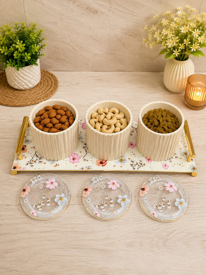 Eternia 3 Premium Airtight Dry Fruit Jar Set of 3 with Luxury Floral Serving Tray | Fluted Kitchen Storage Containers with Gold Handles for Snacks, Namkeen & Center Table Decor