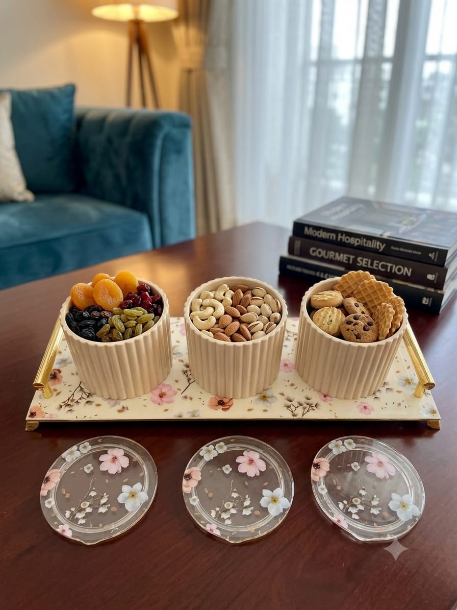 Eternia 3 Premium Airtight Dry Fruit Jar Set of 3 with Luxury Floral Serving Tray | Fluted Kitchen Storage Containers with Gold Handles for Snacks, Namkeen & Center Table Decor
