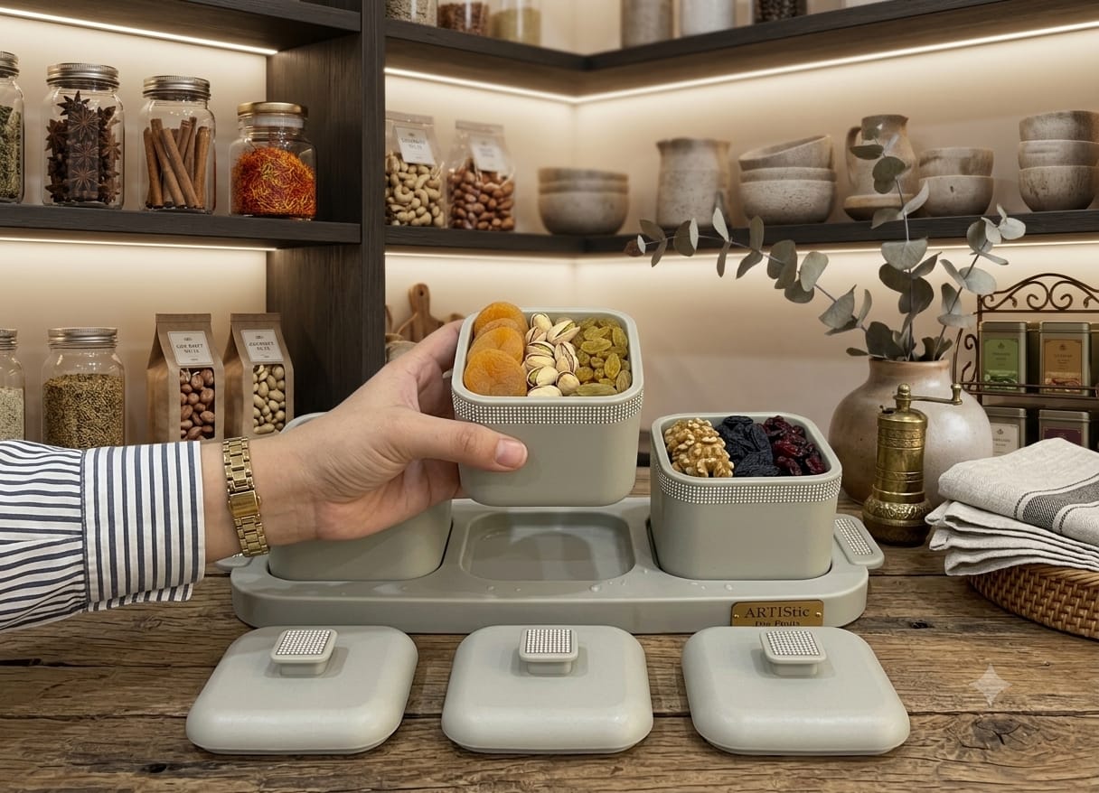 Sapphire Premium 3-Piece Square Serving Set with Tray – Air-Tight Dry Fruit & Snack Server for Home & Gifting