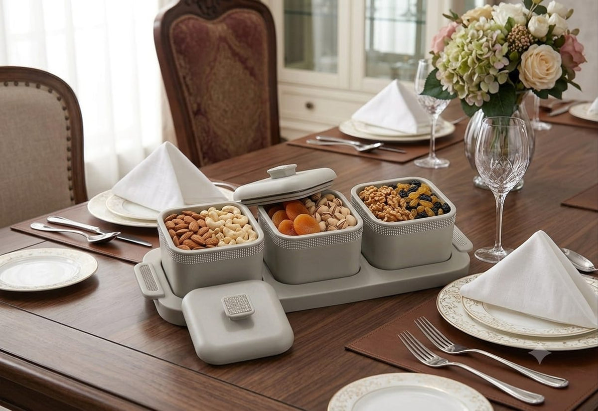 Nayasa Sapphire Square Serving Set with 3 Lidded Containers & Tray