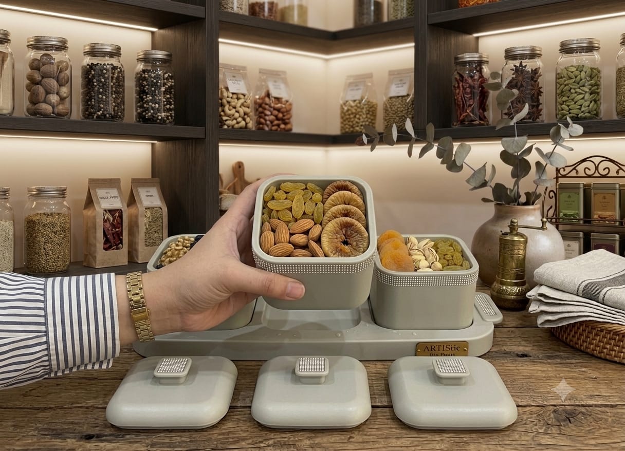 Sapphire Premium 3-Piece Square Serving Set with Tray – Air-Tight Dry Fruit & Snack Server for Home & Gifting