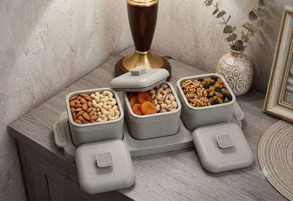 Sapphire Premium 3-Piece Square Serving Set with Tray – Air-Tight Dry Fruit & Snack Server for Home & Gifting