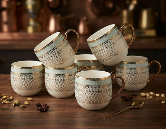 Clay Craft E-608 Charlie Bone China Coffee Mugs – 24k Gold Detailed (Pack of 6)