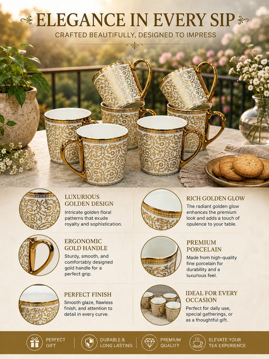 Clay Craft E-646 Alton Premium Porcelain Coffee Mugs – Intricate Gold Floral Detailing (Pack of 6)