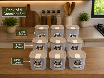 Nayasa Smooth Airtight Kitchen Container Set | Premium Stackable Food Storage Box for Pantry Organization - Pack of 9 (700ml, 1050ml, 1500ml)