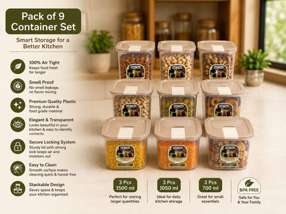 Nayasa Smooth Airtight Kitchen Container Set | Premium Stackable Food Storage Box for Pantry Organization - Pack of 9 (700ml, 1050ml, 1500ml)