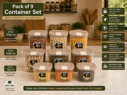 Nayasa Smooth Airtight Kitchen Container Set | Premium Stackable Food Storage Box for Pantry Organization - Pack of 9 (700ml, 1050ml, 1500ml)