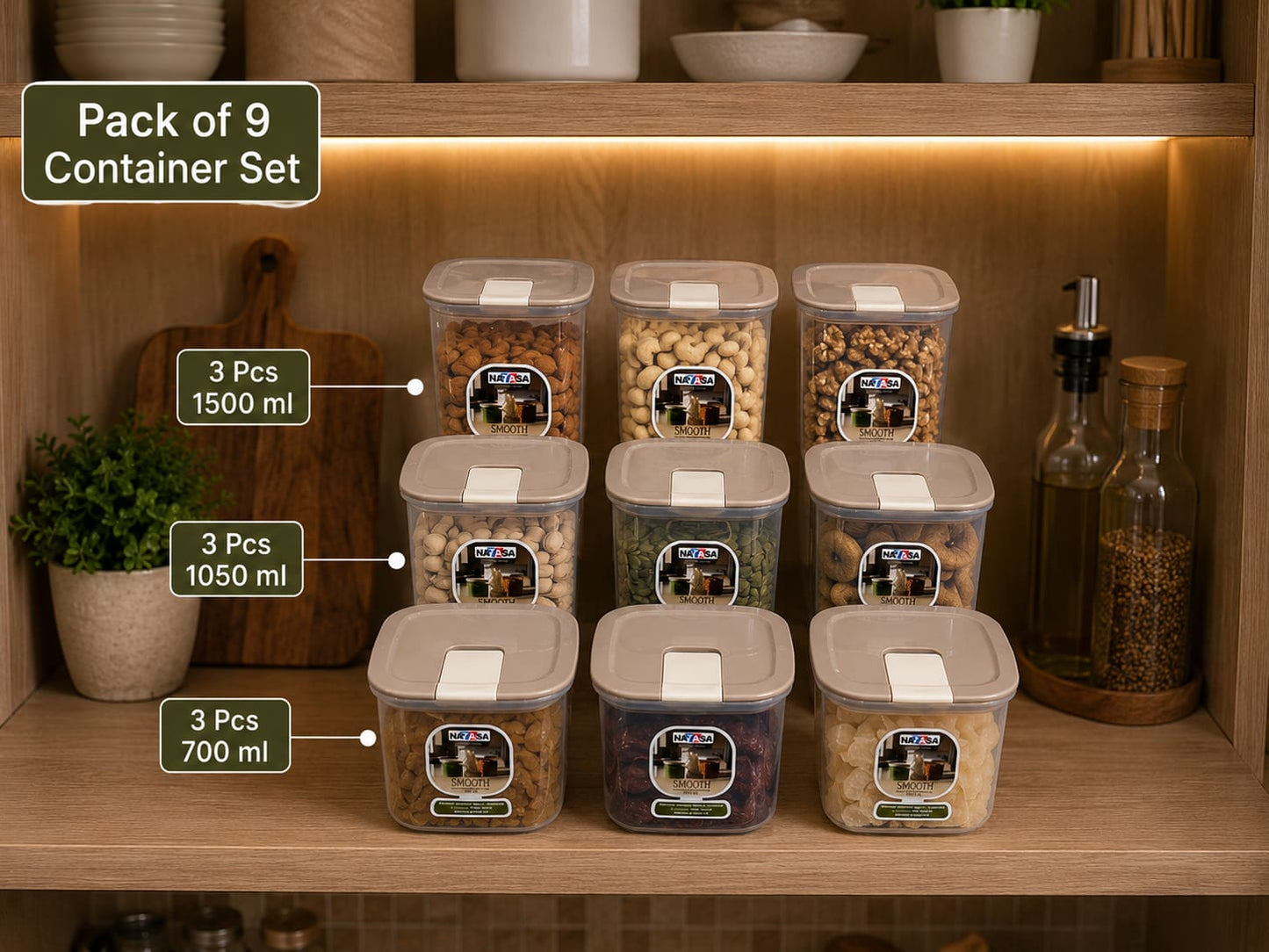 Nayasa Smooth Airtight Kitchen Container Set | Premium Stackable Food Storage Box for Pantry Organization - Pack of 9 (700ml, 1050ml, 1500ml)