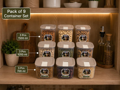 Nayasa Smooth Airtight Kitchen Container Set | Premium Stackable Food Storage Box for Pantry Organization - Pack of 9 (700ml, 1050ml, 1500ml)