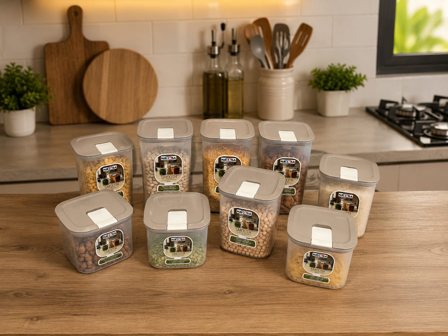 Nayasa Smooth Airtight Kitchen Container Set | Premium Stackable Food Storage Box for Pantry Organization - Pack of 9 (700ml, 1050ml, 1500ml)