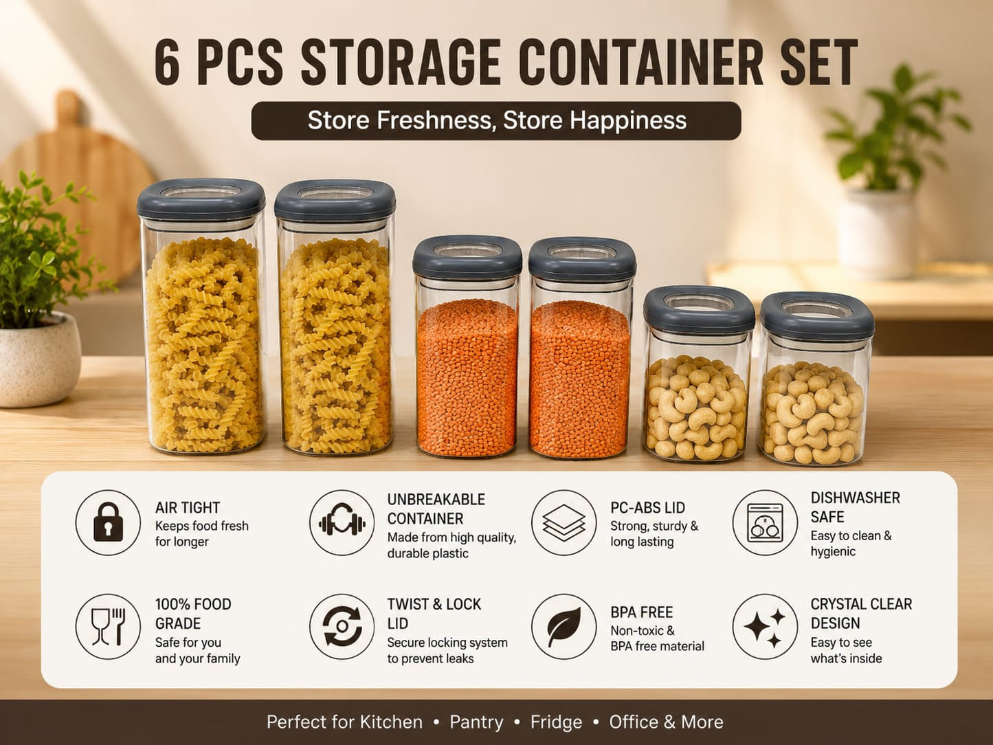 Premium Twist & Lock Airtight Storage Container Set - Pack of 6 (2x800ml, 2x1200ml, 2x1500ml) | Unbreakable & BPA-Free