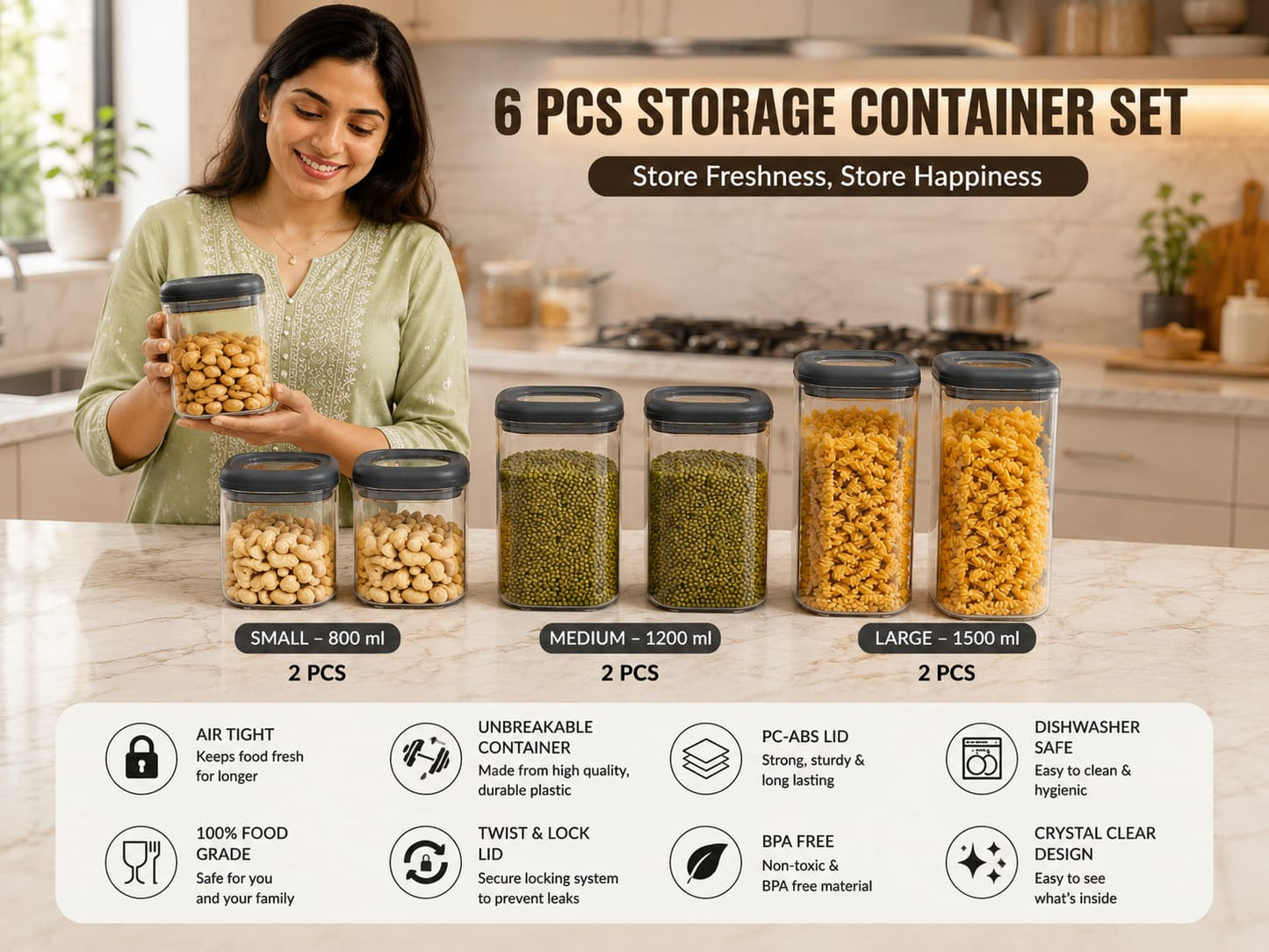 Premium Twist & Lock Airtight Storage Container Set - Pack of 6 (2x800ml, 2x1200ml, 2x1500ml) | Unbreakable & BPA-Free