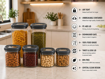 Premium Twist & Lock Airtight Storage Container Set - Pack of 6 (2x800ml, 2x1200ml, 2x1500ml) | Unbreakable & BPA-Free