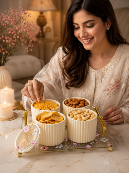 Nayasa Eternia 4-Piece Dry Fruit Set with Tray – Elegant Floral Storage Jars