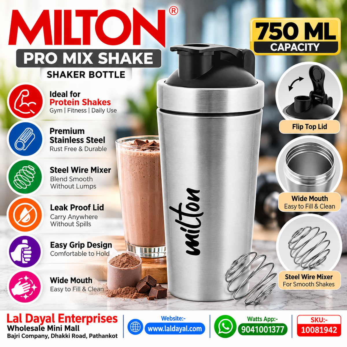 Milton 739ml Stainless Steel Protein Shaker with Mixer Ball