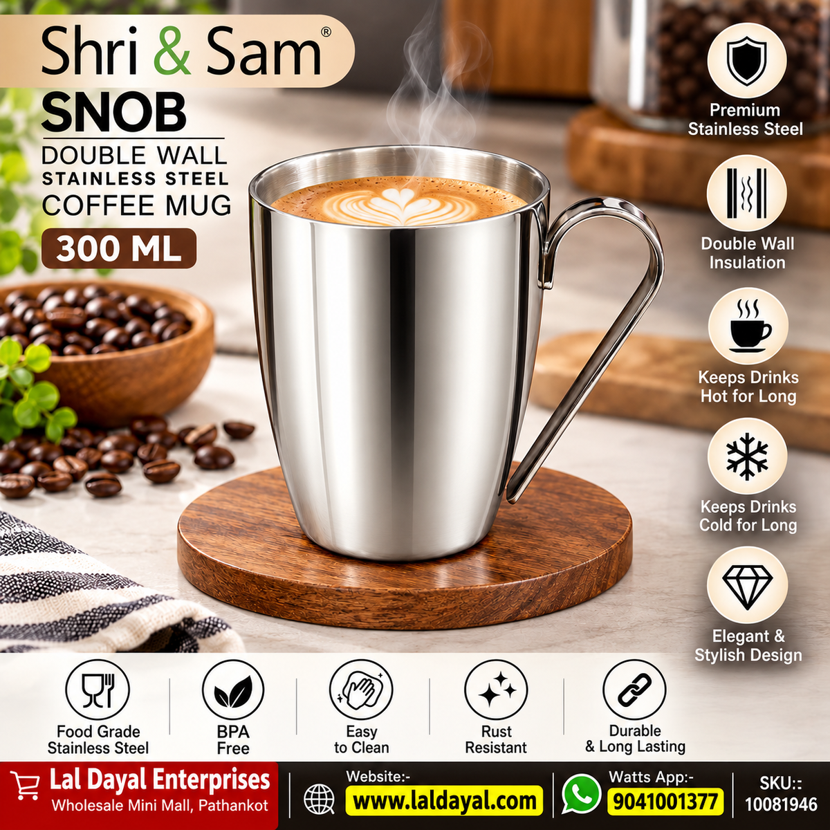 Shri & Sam Snob Double Wall Stainless Steel Coffee Mug with Handle, 300 ml