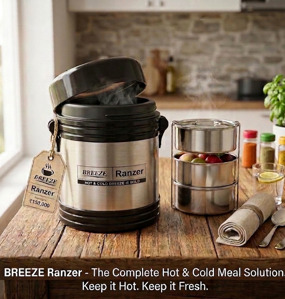 Breeze Ranzer Premium 3-Tier Stainless Steel Lunch Box | 900ml Vacuum Insulated Tiffin Box (Hot & Cold)