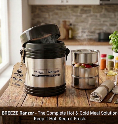 Breeze Ranzer Premium 3-Tier Stainless Steel Lunch Box | 900ml Vacuum Insulated Tiffin Box (Hot & Cold)