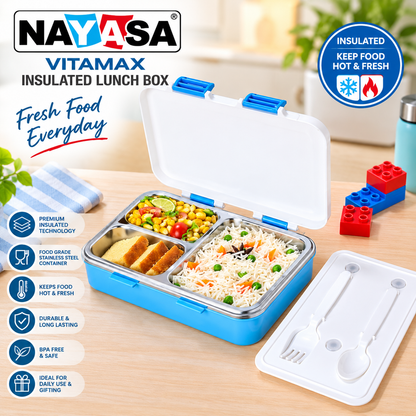Nayasa Vitamax Insulated Stainless Steel Lunch Box | Leakproof 3-Compartment Tiffin with Cutlery (750ml)