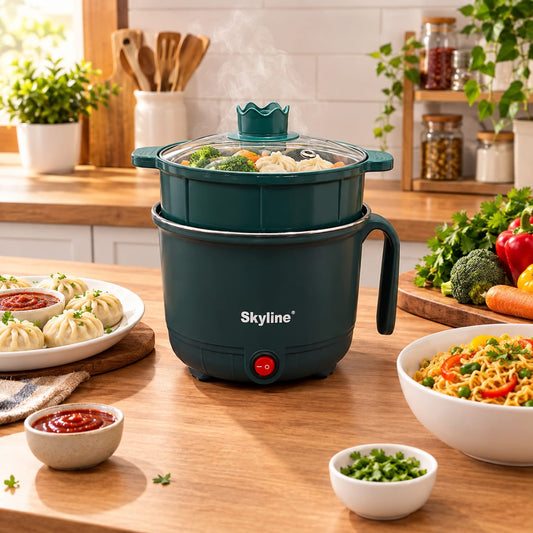 Skyline Multi-Purpose Electric Kettle & Cooker with Stainless Steel Inner Pot, Steamer Attachment & Egg Boiling Rack