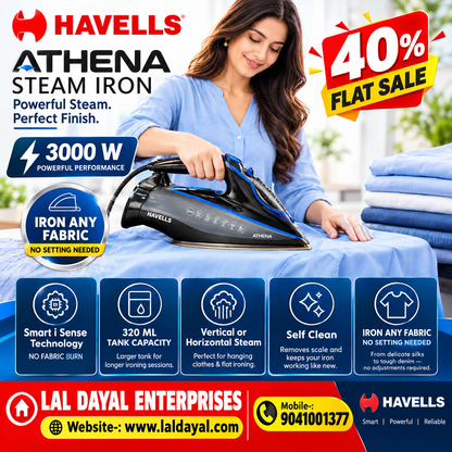 Havells Athena 3000W Steam Iron – Smart i Sense Technology | Anti-Drip | Ceramic Soleplate