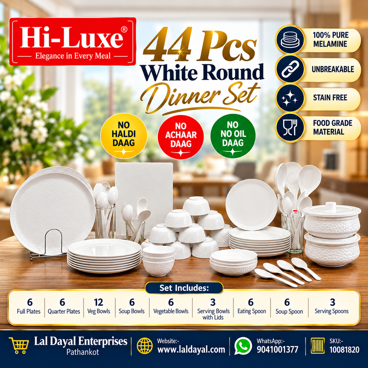 Hi-Luxe 44-Piece White Hammered Dinner Set for 6