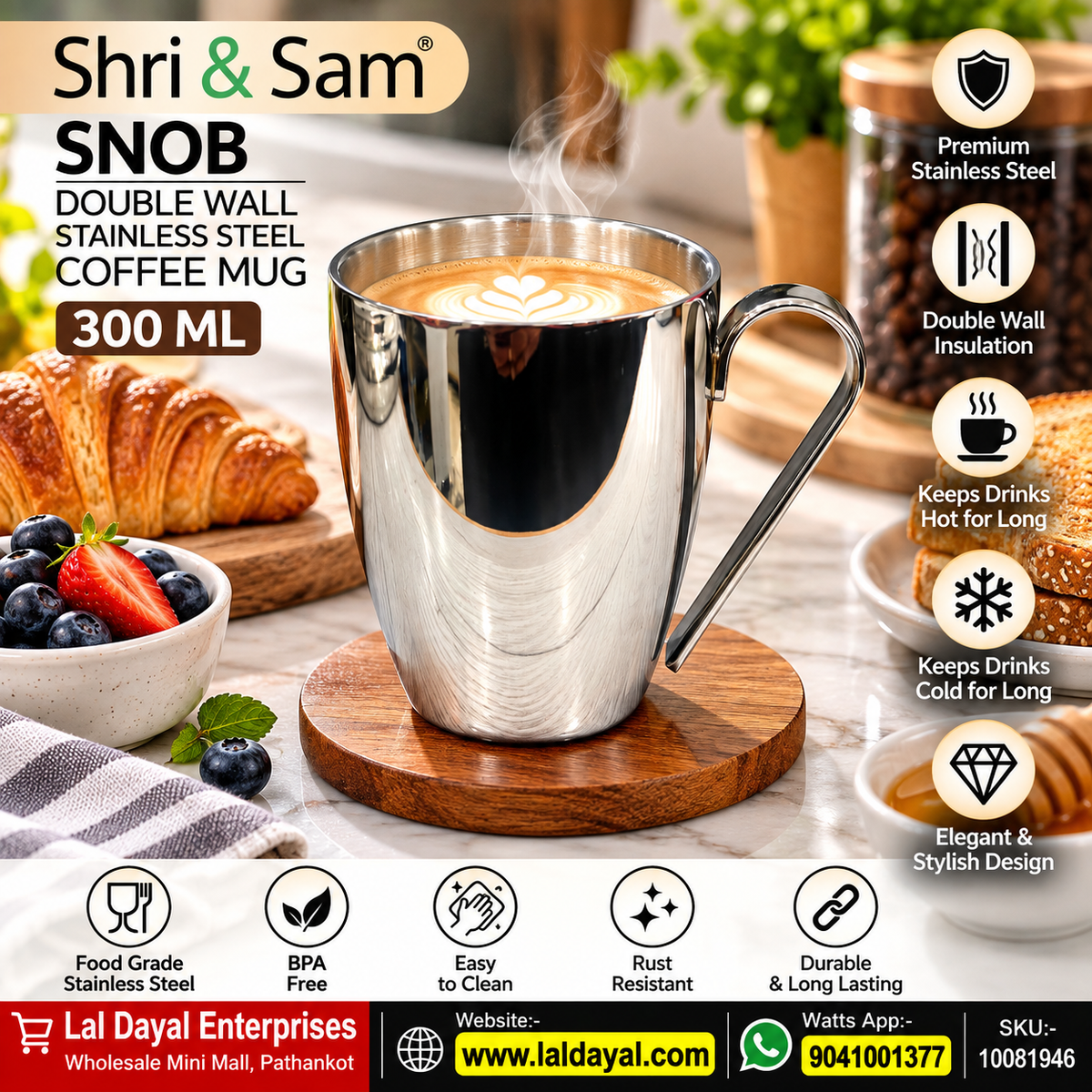 Shri & Sam Snob Double Wall Stainless Steel Coffee Mug with Handle, 300 ml
