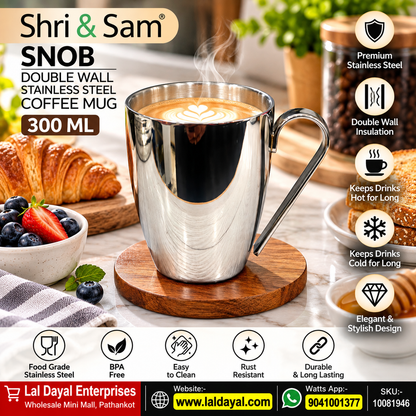 Shri & Sam Snob Double Wall Stainless Steel Coffee Mug with Handle, 300 ml