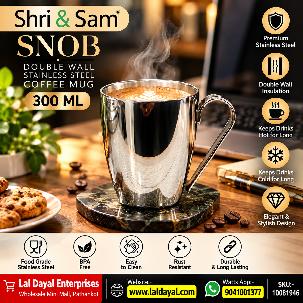 Shri & Sam Snob Double Wall Stainless Steel Coffee Mug with Handle, 300 ml