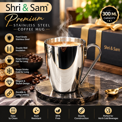 Shri & Sam Snob Double Wall Stainless Steel Coffee Mug with Handle, 300 ml