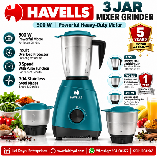 Havells 500W Mixer Grinder with 3 Jars (Teal)