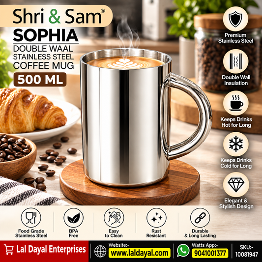 Shri & Sam Sophia Double Wall Stainless Steel Coffee Mug (500 ml) – Large Insulated Tea & Beer Mug with Handle