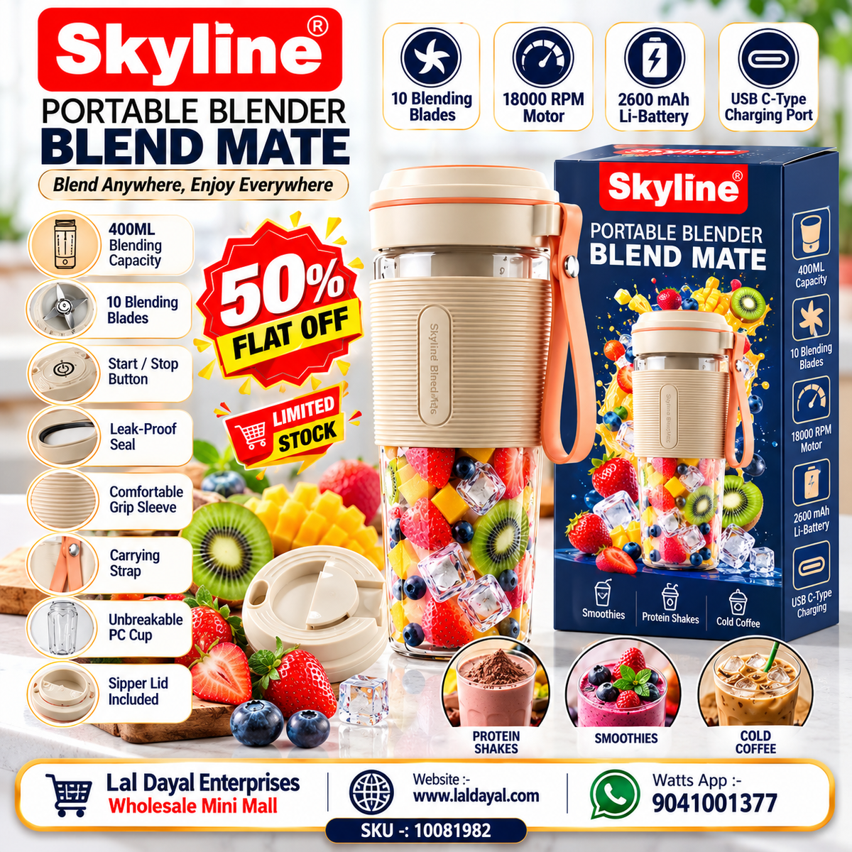 Skyline Blend Mate Portable Blender 400ml | 10-Blade USB-C Rechargeable Smoothie Maker