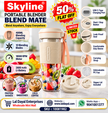 Skyline Blend Mate Portable Blender 400ml | 10-Blade USB-C Rechargeable Smoothie Maker