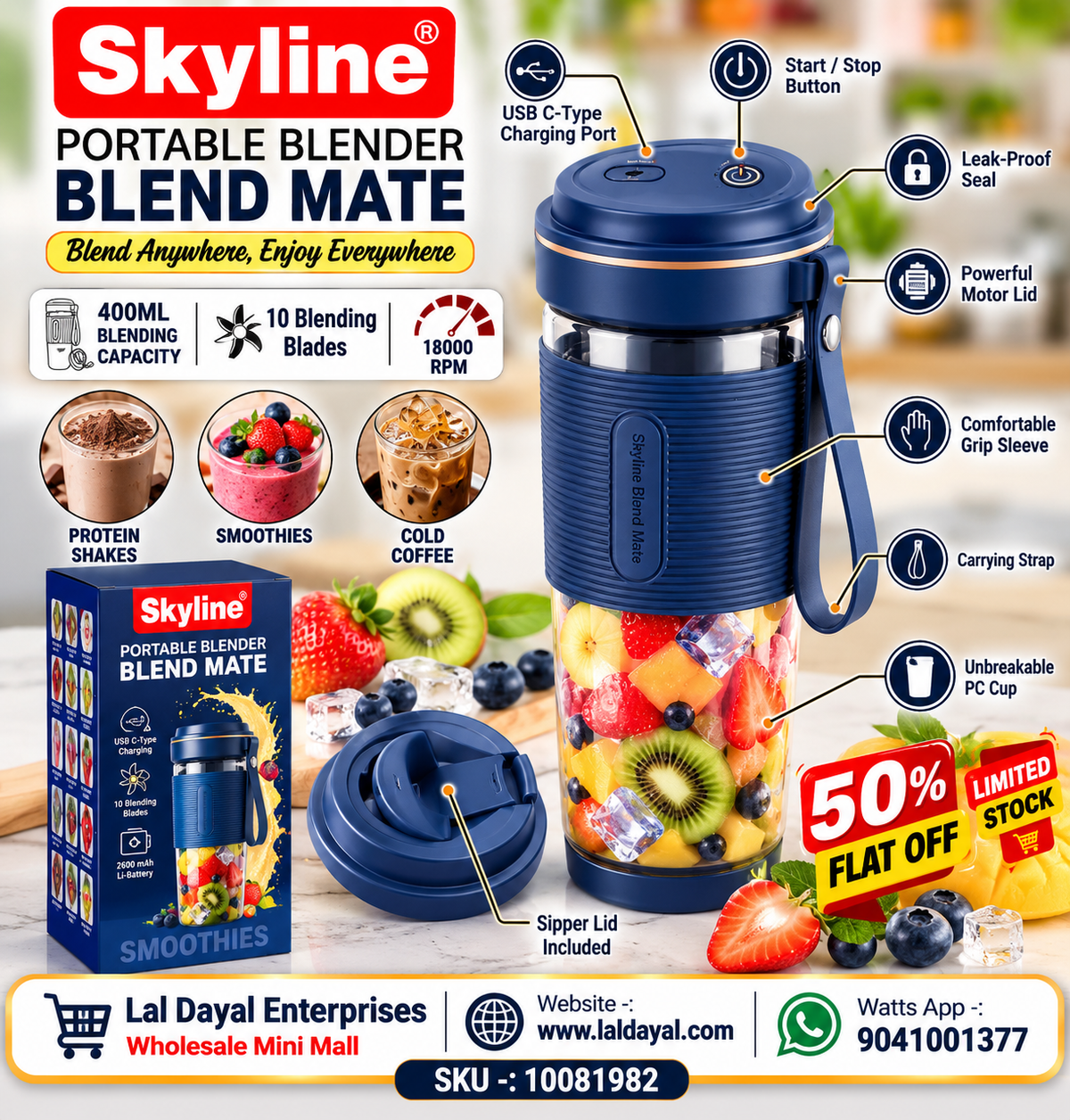 Skyline Blend Mate Portable Blender 400ml | 10-Blade USB-C Rechargeable Smoothie Maker
