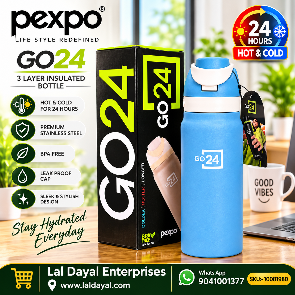 Pexpo GO24 Aviator 800 Insulated Stainless Steel Water Bottle