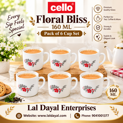 Cello Floral Bliss Opalware Tea Cup Set of 6 (160 ml)