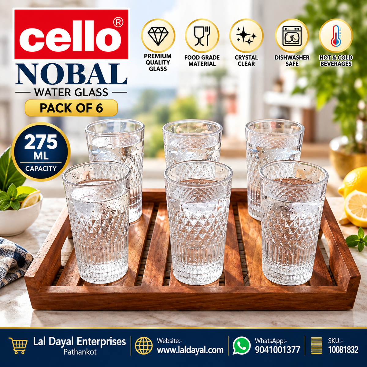 Cello Noble 275 ml Crystal-Cut Glass Tumblers | Set of 6 Drinking Glasses for Water & Juice