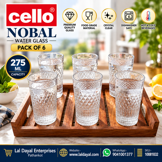 Cello Noble 275 ml Crystal-Cut Glass Tumblers | Set of 6 Drinking Glasses for Water & Juice