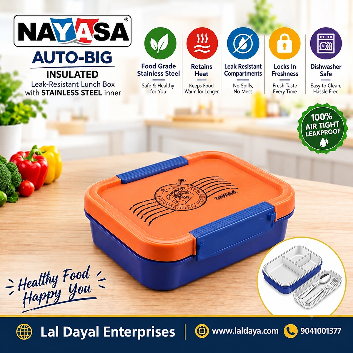 Nayasa Auto-Big Insulated Steel Lunch Box with Spoon & Fork