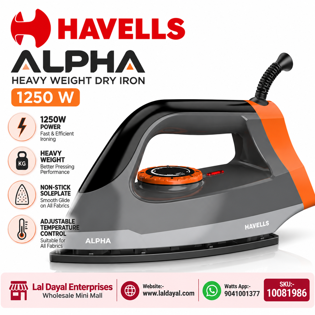 Havells Alpha Heavy Weight Dry Iron with Non-Stick Soleplate