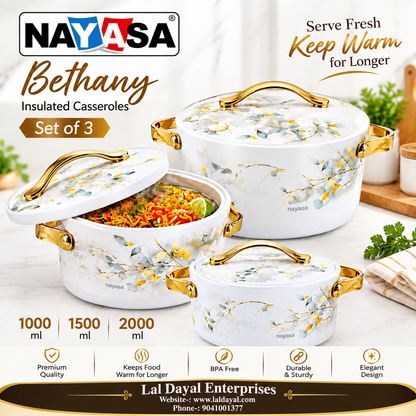 Nayasa Bethany Premium Insulated Casserole Set of 3 (1000ml, 1500ml, 2000ml)